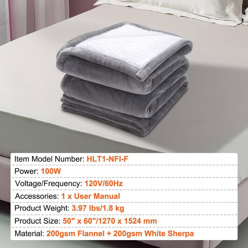 Heated Blanket Electric Throw 50 In. X 60 In. Twin Size Soft Flannel, Sherpa Heating Blanket Electric Blanket, Grey