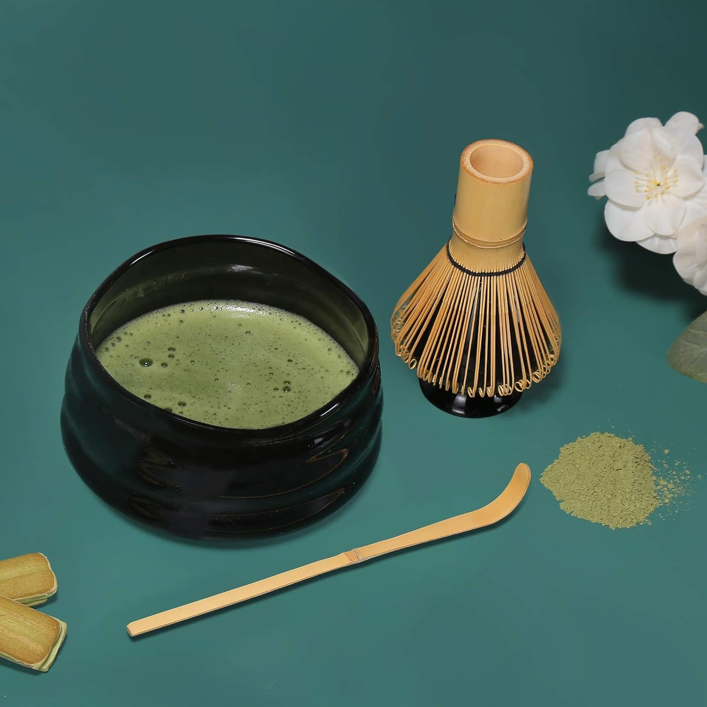 SRC Japanese Matcha Tea Set - Matcha Set with Matcha Whisk and Bowl | 5-Piece Matcha Kit with Bamboo Scoop & Matcha Whisk Holder | Matcha Tea Kit with Instructions inside Matcha Handbook (Black)