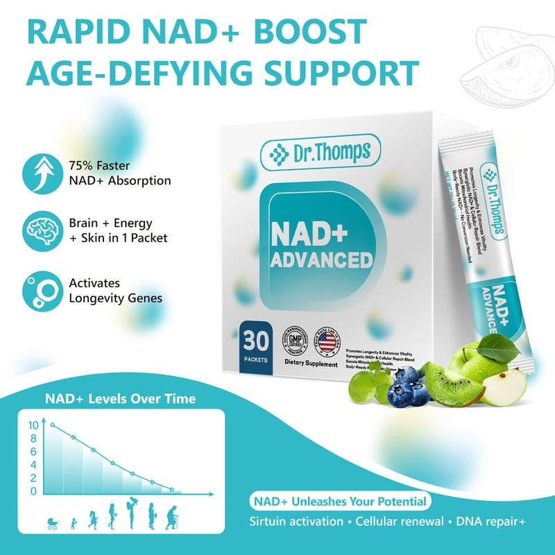 Dr.Thomps NAD+ Advanced Liquid Drink Mix – Anti-Aging Formula for Energy, Focus & Skin Support – Berry Flavor – 30 Pack