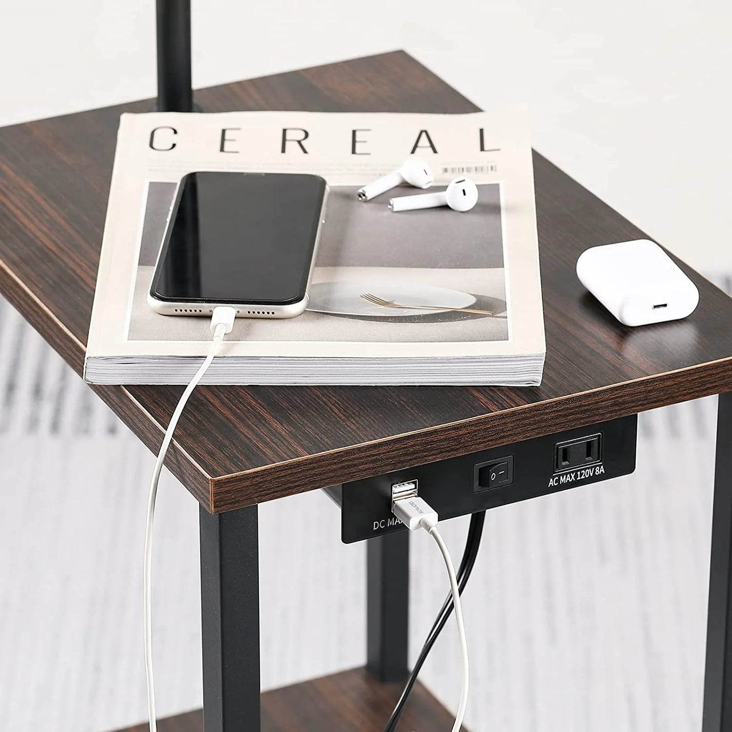 Floor Lamp with Table, End Table with Lamp for Living Room, Rustic End Table Lamp with Shelves, Walnut