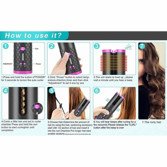 Portable Automatic Hair Curler, Ceramic Rotating Wireless Auto Curling Iron Wand, Portable USB Rechargeable Spin Curler for Hair Styling (Black)