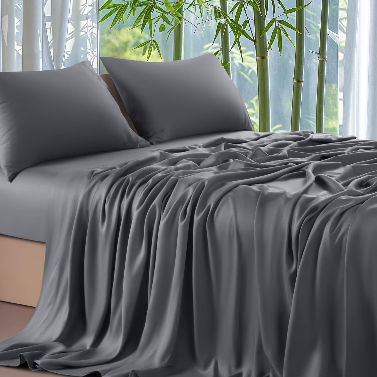 100% Viscose Derived from Bamboo_ Sheets Queen Size 4Pcs - Ultra Cooling & Silky Soft Bed Sheets, 16" Deep Pocket, Perfect for Hot Sleepers, Hotel Bedding Sheets (Dark Grey)