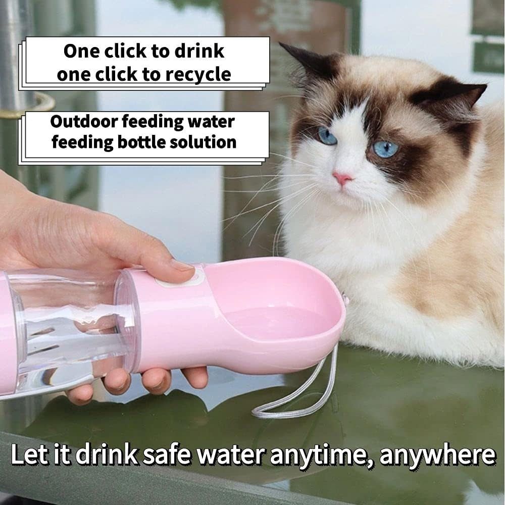 Portable Dog Water Bottle 4 in 1 Pet Portable Water Bottle,Leak-Proof Design,9 OZ Water Cup, 7.5 OZ Food Cup,Poop Shovel & Garbage Bag, Lightweight & Portable for Walking,Travel, Camping (Pink)