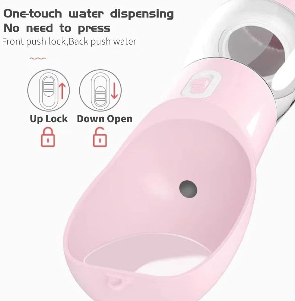 Portable Dog Water Bottle 4 in 1 Pet Portable Water Bottle,Leak-Proof Design,9 OZ Water Cup, 7.5 OZ Food Cup,Poop Shovel & Garbage Bag, Lightweight & Portable for Walking,Travel, Camping (Pink)