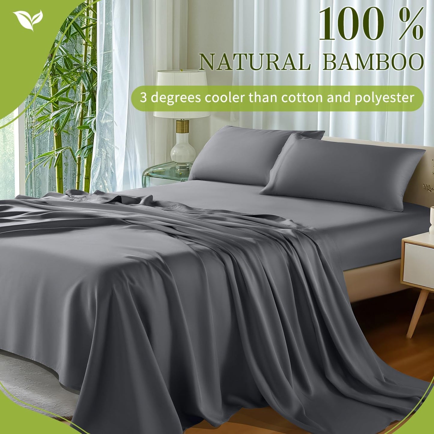 100% Viscose Derived from Bamboo_ Sheets Queen Size 4Pcs - Ultra Cooling & Silky Soft Bed Sheets, 16" Deep Pocket, Perfect for Hot Sleepers, Hotel Bedding Sheets (Dark Grey)
