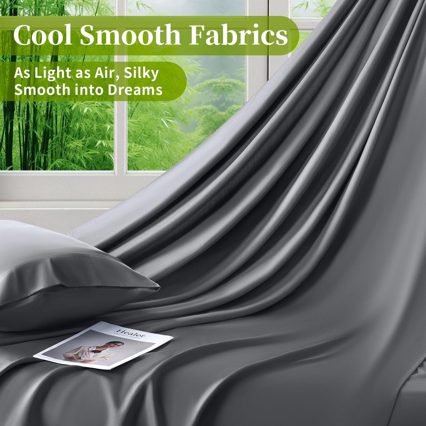 100% Viscose Derived from Bamboo_ Sheets Queen Size 4Pcs - Ultra Cooling & Silky Soft Bed Sheets, 16" Deep Pocket, Perfect for Hot Sleepers, Hotel Bedding Sheets (Dark Grey)