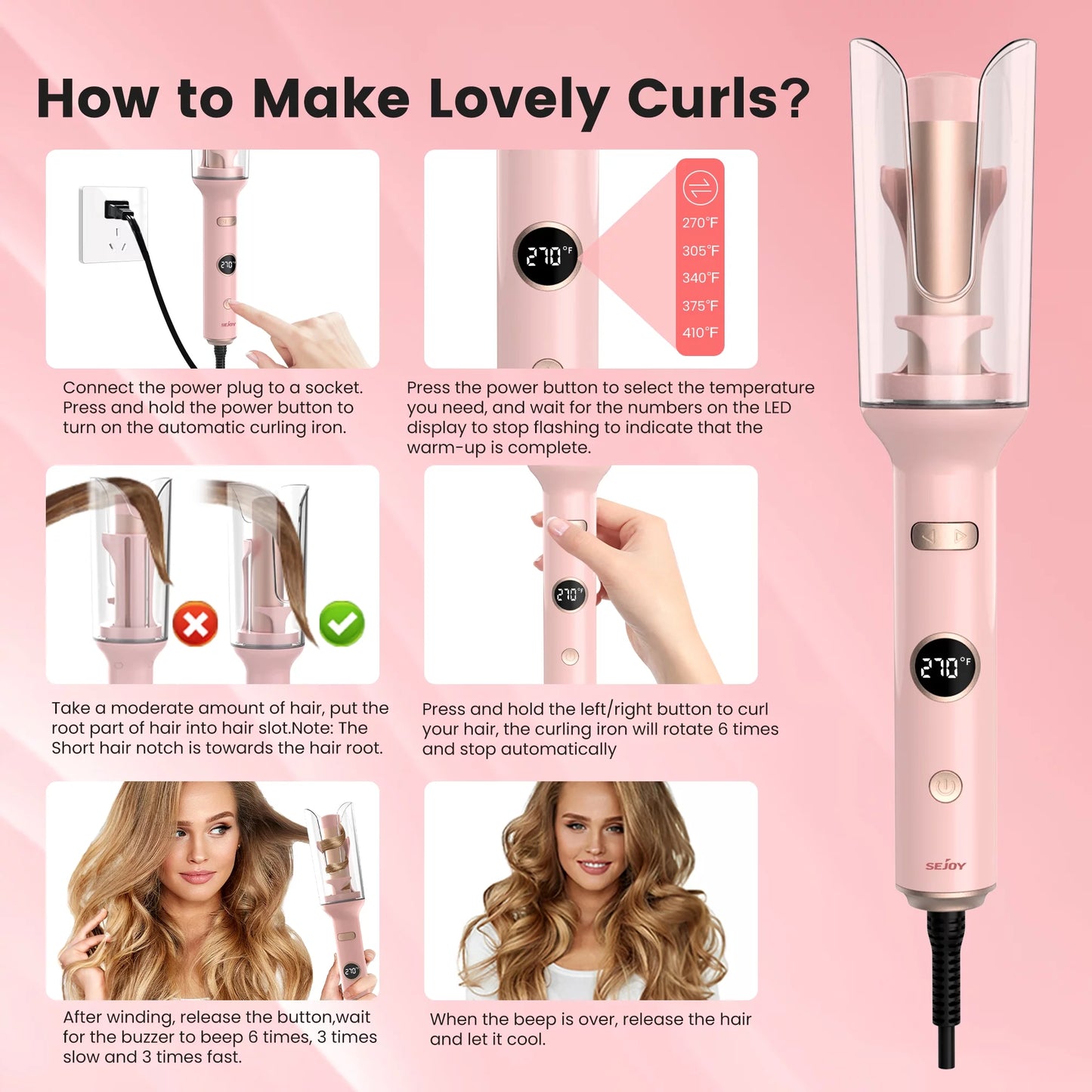 Automatic Curling Iron, Professional Anti-Tangle Auto Hair Curler with 1.0-Inch Large Rotating Barrel, 5 Temps & Timers & LED Display, Dual Voltage with Auto Shut-Off for Hair Styling,Pink