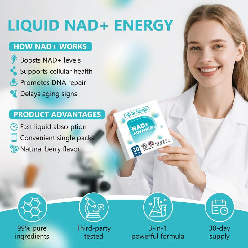 Dr.Thomps NAD+ Advanced Liquid Drink Mix – Anti-Aging Formula for Energy, Focus & Skin Support – Berry Flavor – 30 Pack