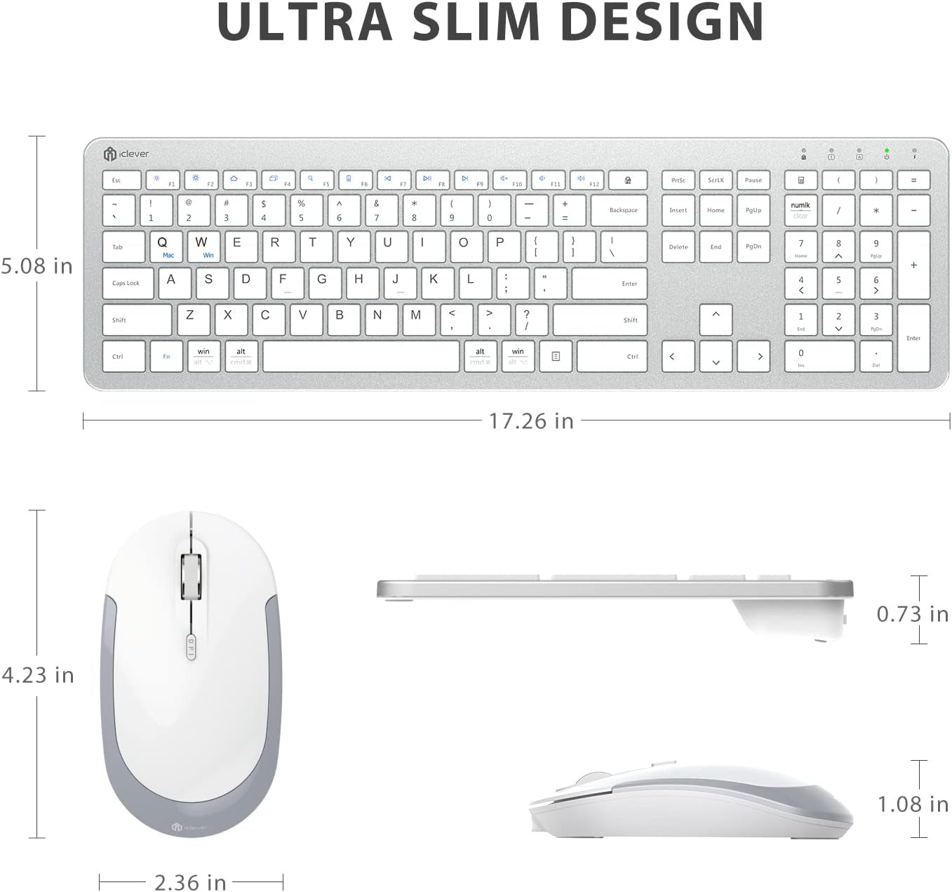 Wireless Keyboard and Mouse, GK08 White Keyboard Mouse Combo, Ergonomic, Quiet, Full Size Design with Number Pad, 2.4G Connection for Mac, Windows and Computer