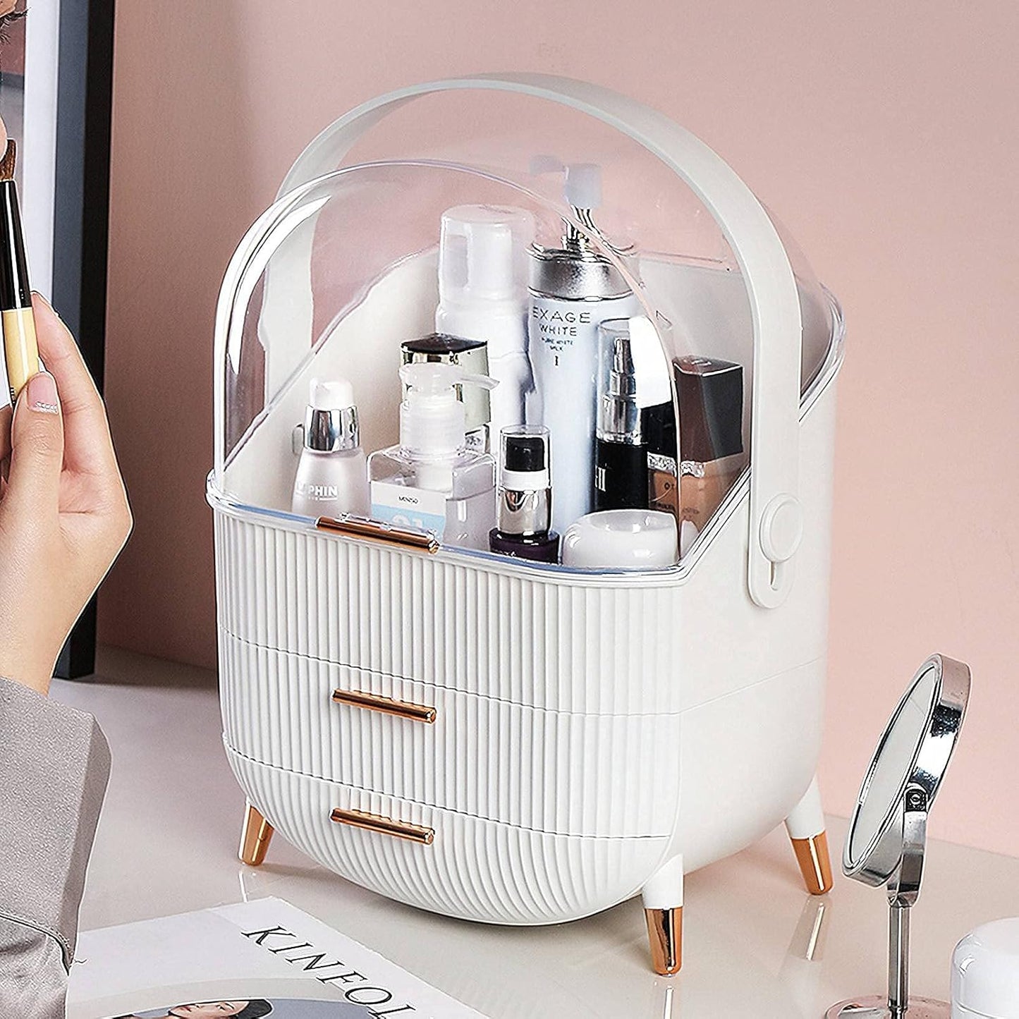 Makeup Organizer, Cosmetic Display Cases with Brush and Lipstick Organizer, Dust Water Proof Cosmetics Storage Display Skincare Case, Suitable for Bathroom and Bedroom Vanity (White)