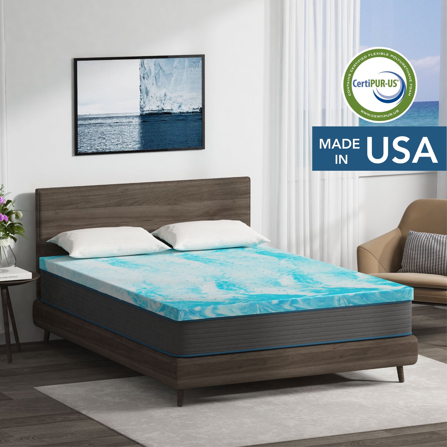 EGO HOME 2 Inch Cooling Gel Memory Foam Mattress Topper, Queen Mattress Topper, Blue