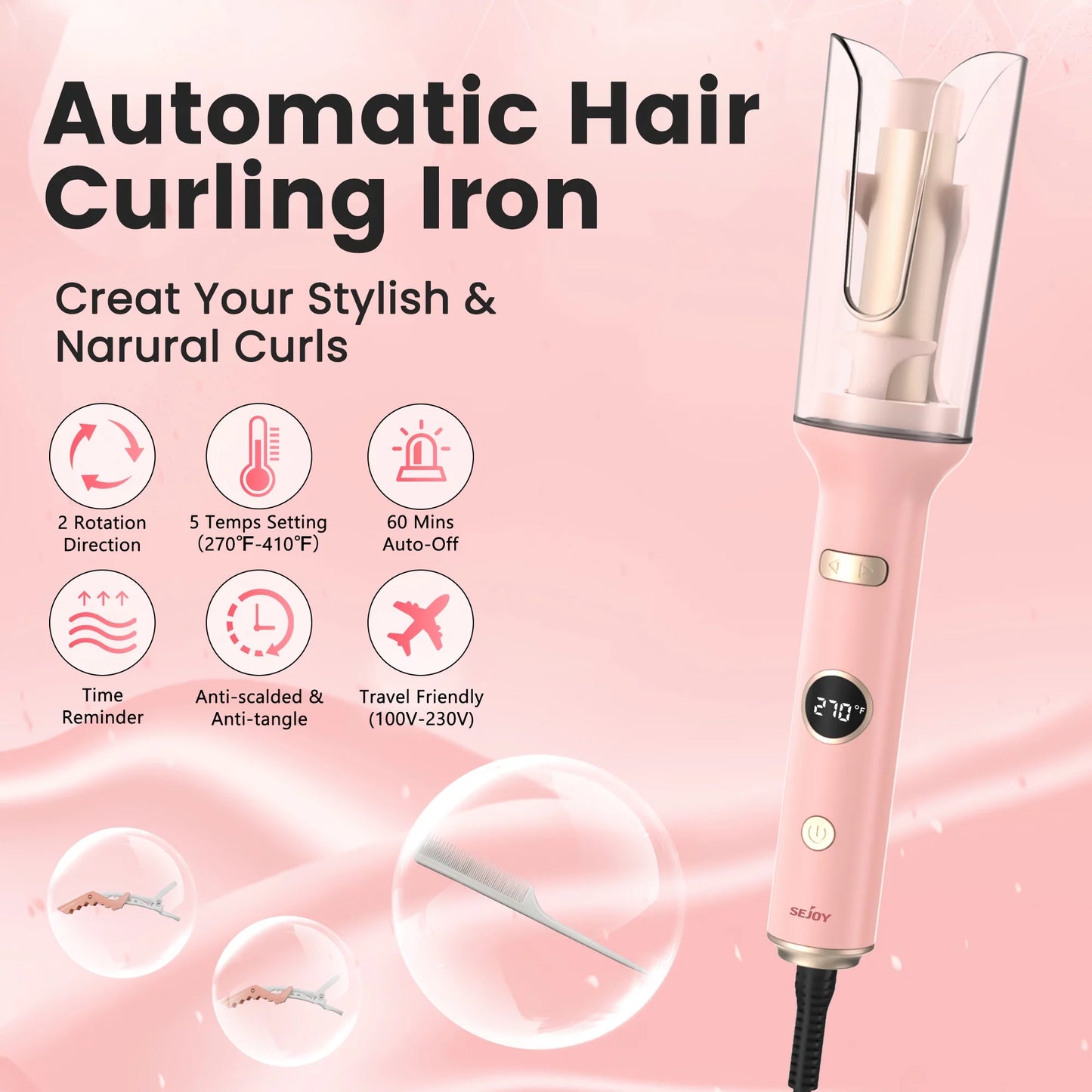 Automatic Curling Iron, Professional Anti-Tangle Auto Hair Curler with 1.0-Inch Large Rotating Barrel, 5 Temps & Timers & LED Display, Dual Voltage with Auto Shut-Off for Hair Styling,Pink