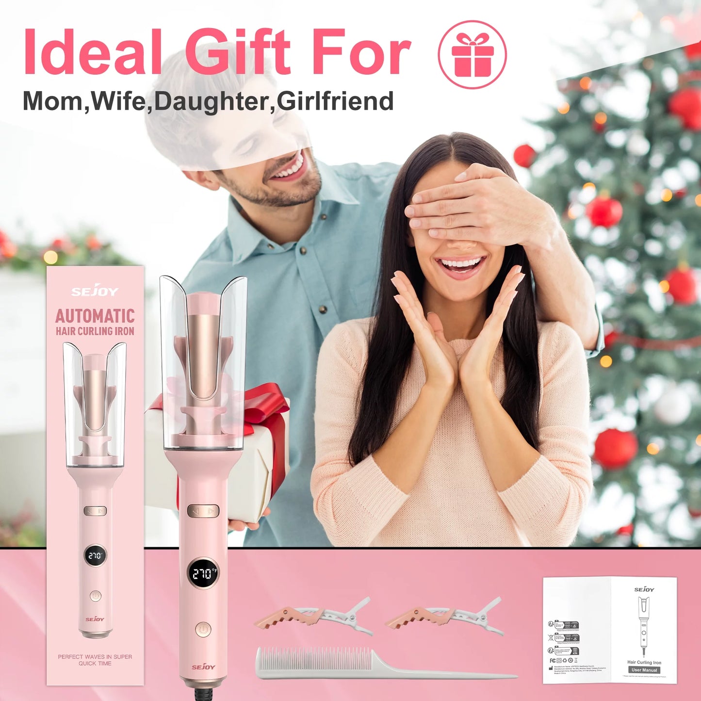 Automatic Curling Iron, Professional Anti-Tangle Auto Hair Curler with 1.0-Inch Large Rotating Barrel, 5 Temps & Timers & LED Display, Dual Voltage with Auto Shut-Off for Hair Styling,Pink