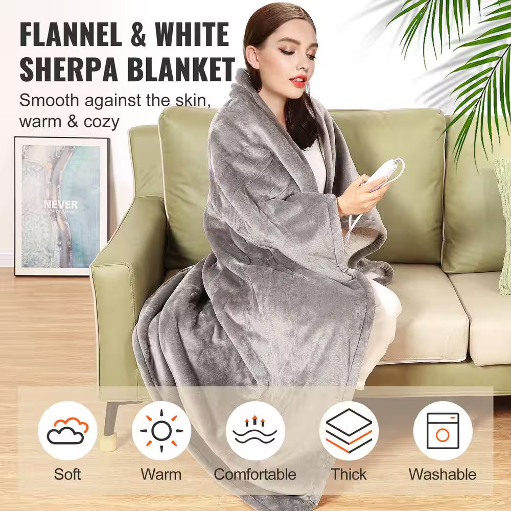 Heated Blanket Electric Throw 50 In. X 60 In. Twin Size Soft Flannel, Sherpa Heating Blanket Electric Blanket, Grey