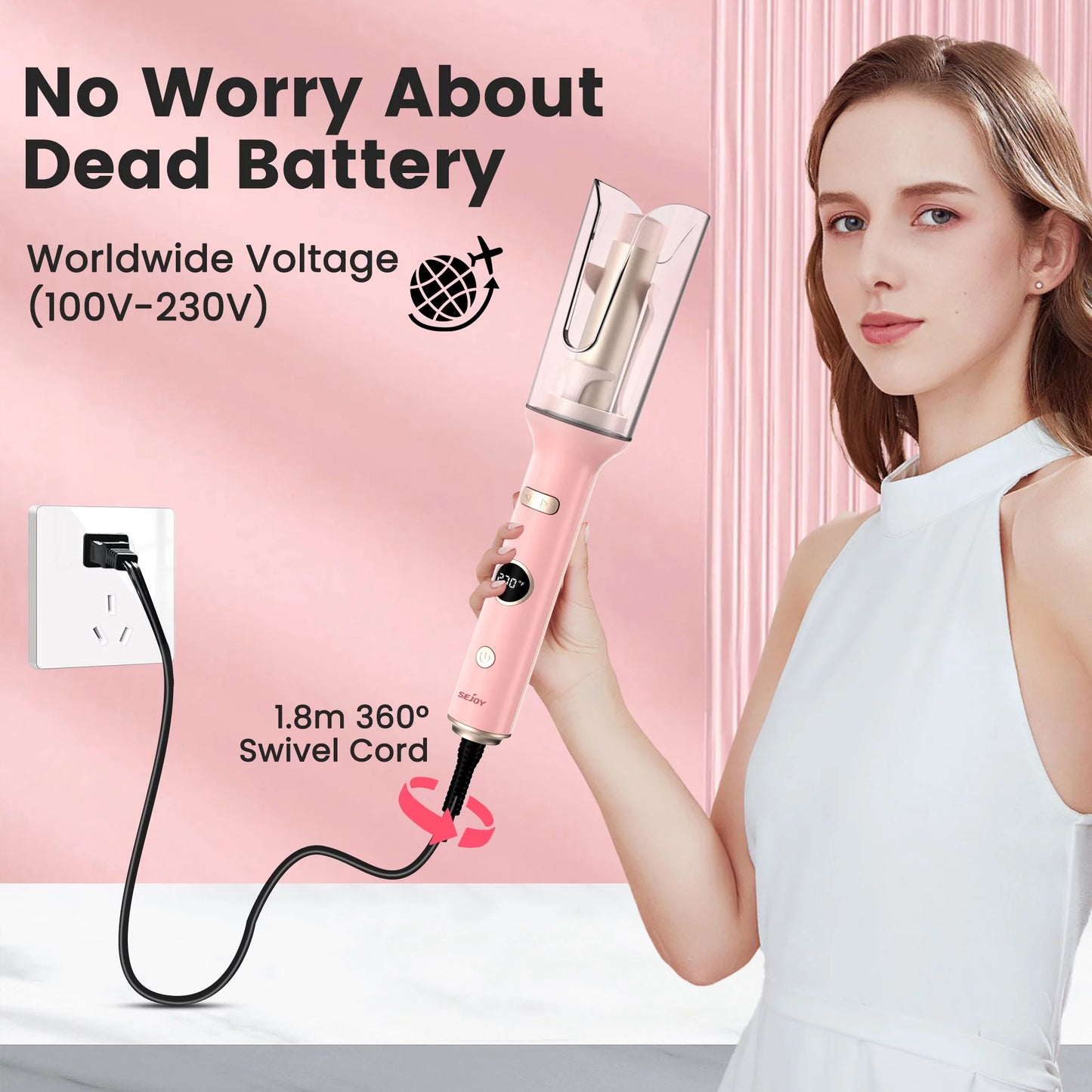 Automatic Curling Iron, Professional Anti-Tangle Auto Hair Curler with 1.0-Inch Large Rotating Barrel, 5 Temps & Timers & LED Display, Dual Voltage with Auto Shut-Off for Hair Styling,Pink