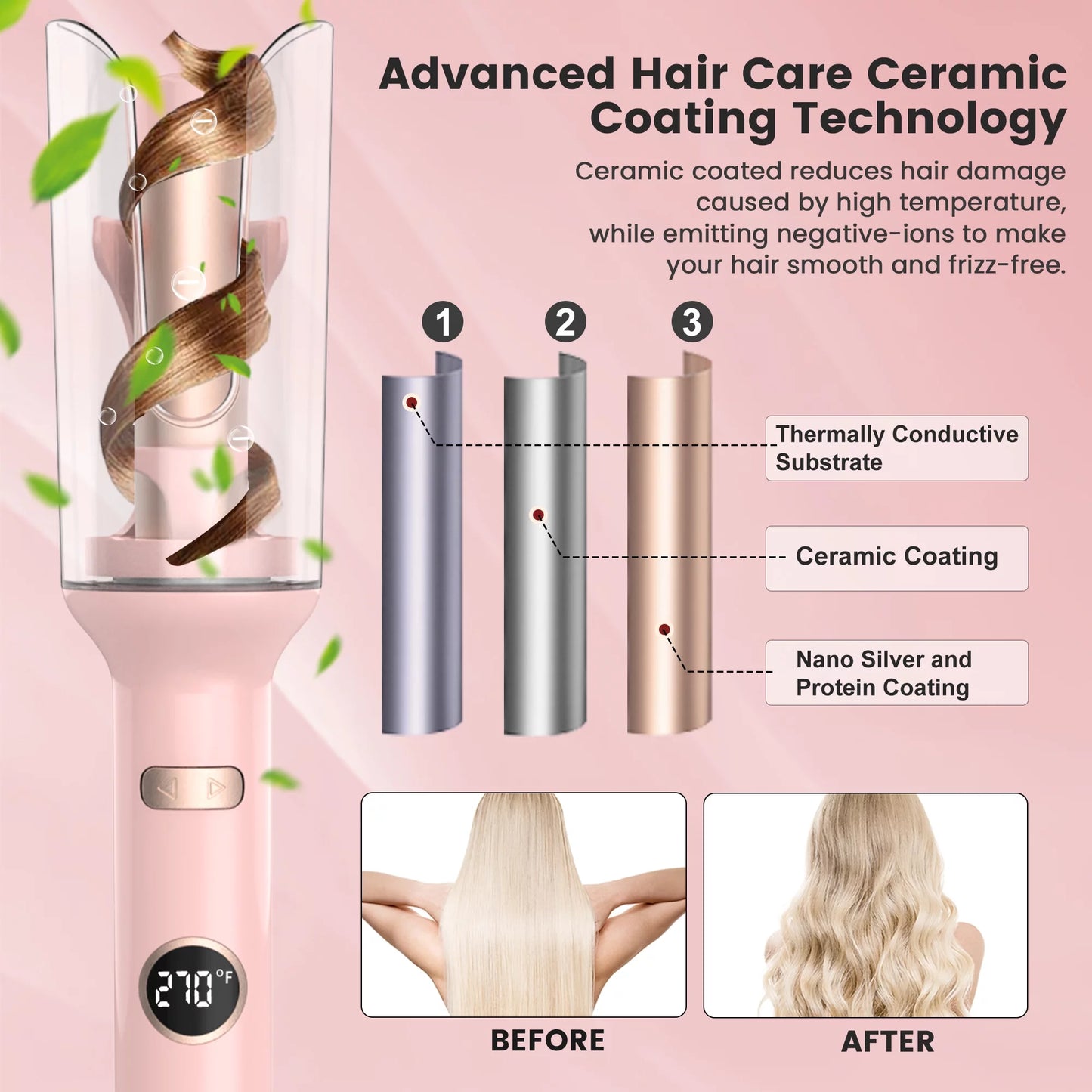 Automatic Curling Iron, Professional Anti-Tangle Auto Hair Curler with 1.0-Inch Large Rotating Barrel, 5 Temps & Timers & LED Display, Dual Voltage with Auto Shut-Off for Hair Styling,Pink