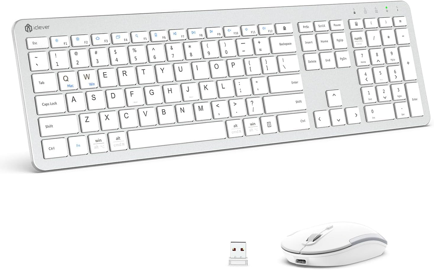 Wireless Keyboard and Mouse, GK08 White Keyboard Mouse Combo, Ergonomic, Quiet, Full Size Design with Number Pad, 2.4G Connection for Mac, Windows and Computer