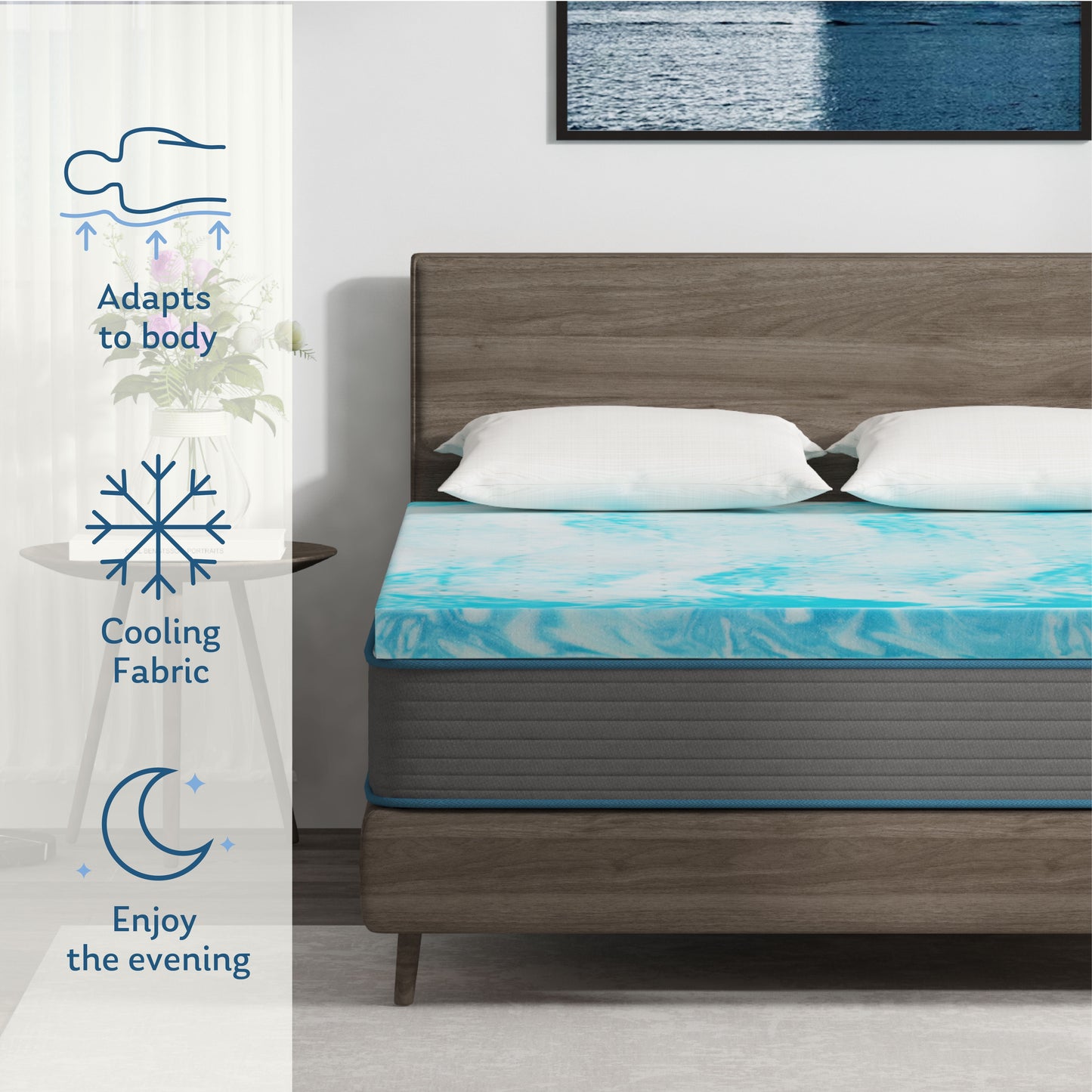 EGO HOME 2 Inch Cooling Gel Memory Foam Mattress Topper, Queen Mattress Topper, Blue