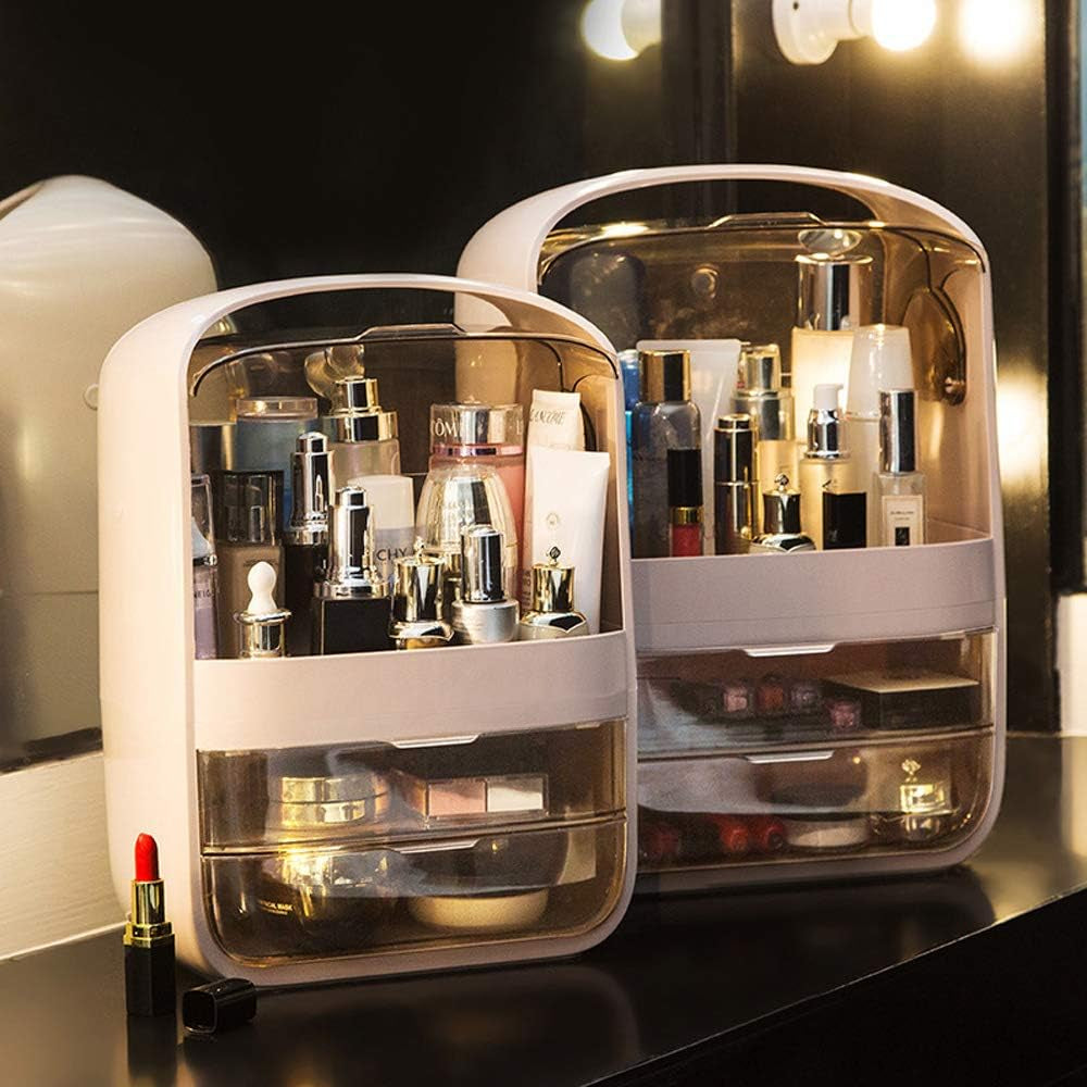 Multifunctional Makeup Organizer,Waterproof and Dustproof Cosmetic Organizer Box Portable Handle Fully Open Makeup Display Boxes for Bathroom, Dresser, Countertop
