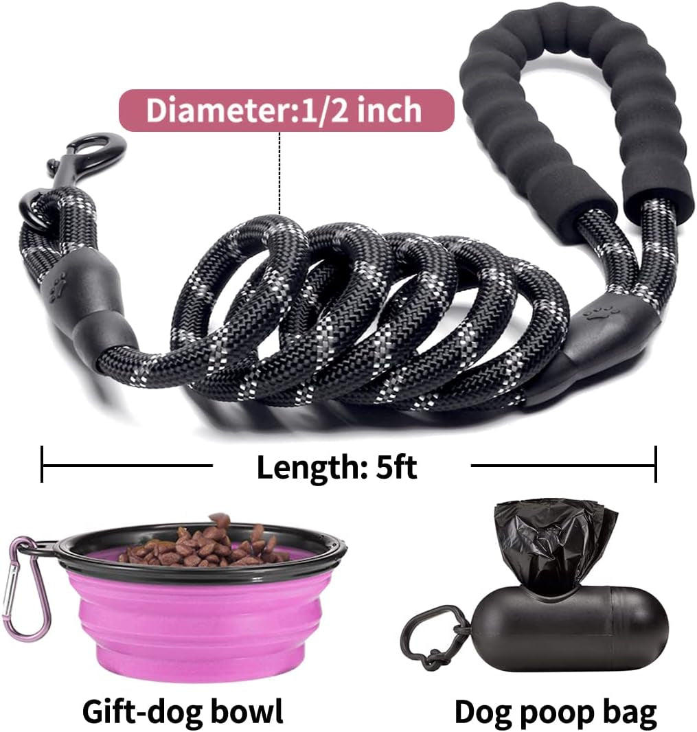 2 Pack Dog Leash 5 FT Heavy Duty - Comfortable Padded Handle - Reflective Dog Leash for Medium Large Dogs with Collapsible Pet Bowl