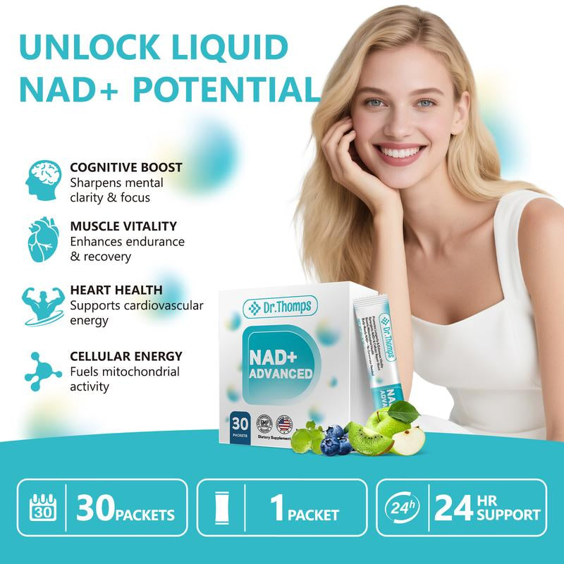 Dr.Thomps NAD+ Advanced Liquid Drink Mix – Anti-Aging Formula for Energy, Focus & Skin Support – Berry Flavor – 30 Pack