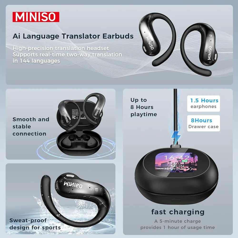 MS188 AI Language Translator Earbuds Real Time Translator Earbuds LCD Touchscreen Bluetooth Headphones