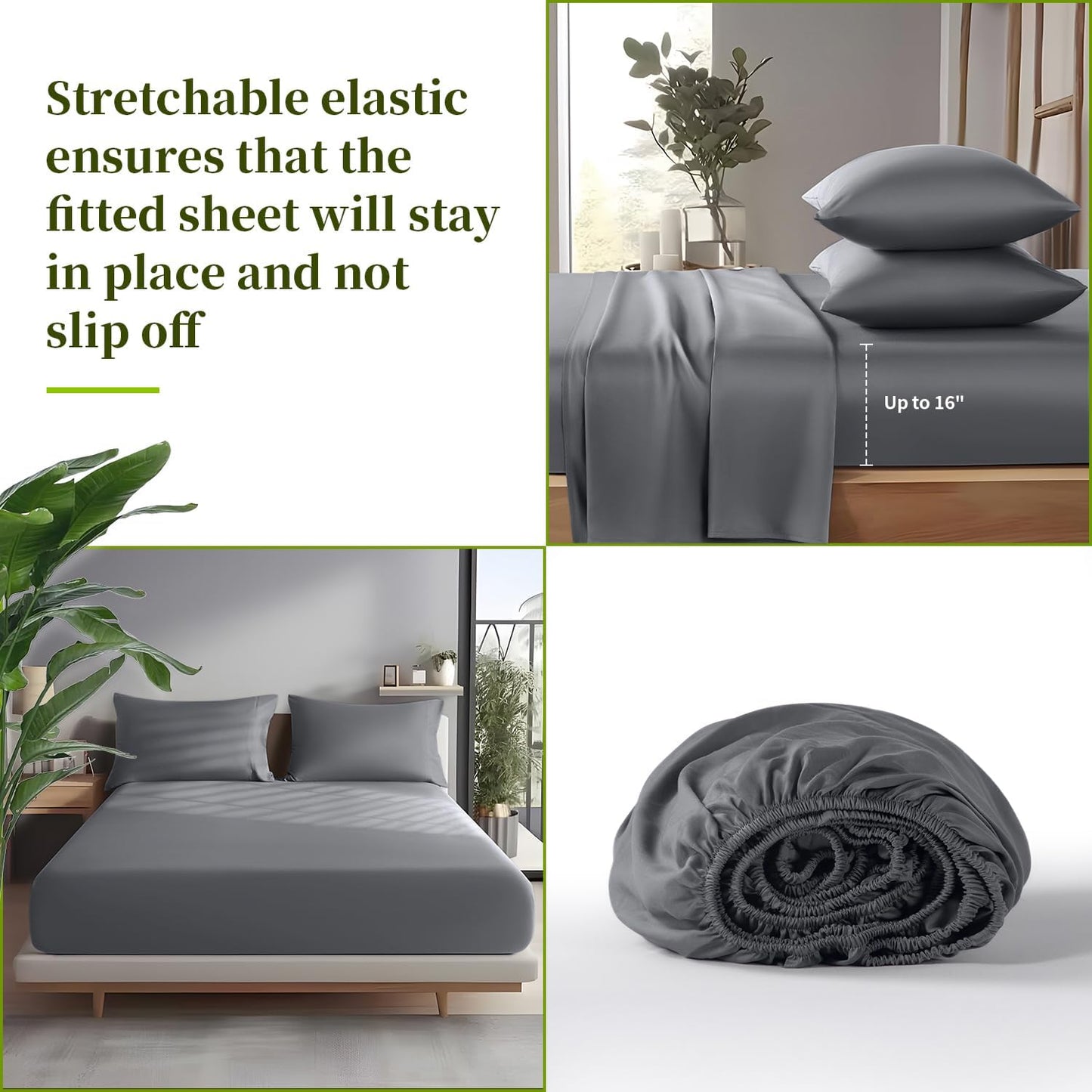100% Viscose Derived from Bamboo_ Sheets Queen Size 4Pcs - Ultra Cooling & Silky Soft Bed Sheets, 16" Deep Pocket, Perfect for Hot Sleepers, Hotel Bedding Sheets (Dark Grey)
