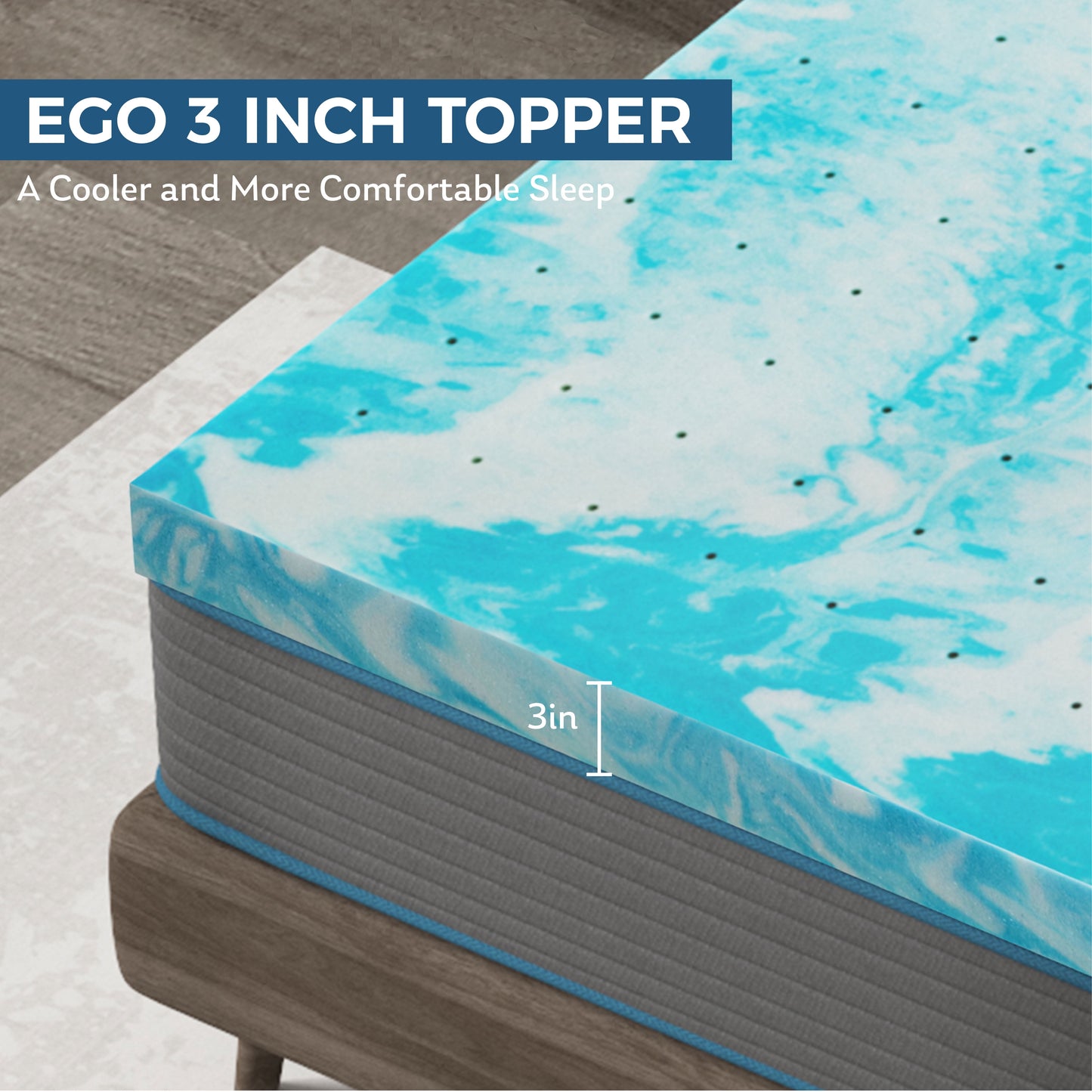 EGO HOME 2 Inch Cooling Gel Memory Foam Mattress Topper, Queen Mattress Topper, Blue