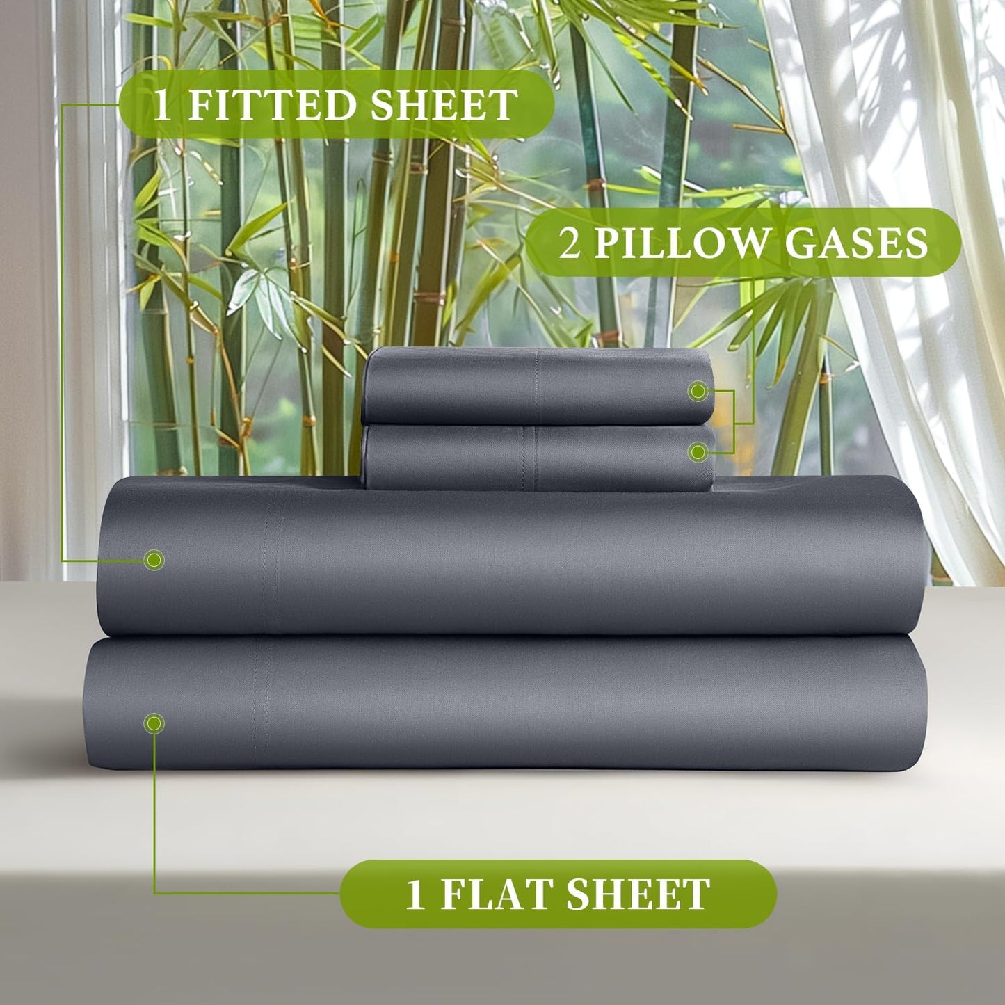 100% Viscose Derived from Bamboo_ Sheets Queen Size 4Pcs - Ultra Cooling & Silky Soft Bed Sheets, 16" Deep Pocket, Perfect for Hot Sleepers, Hotel Bedding Sheets (Dark Grey)