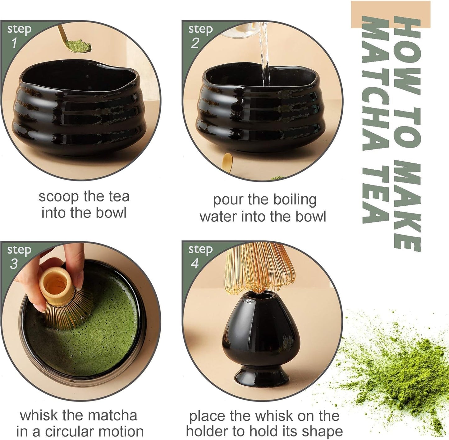 SRC Japanese Matcha Tea Set - Matcha Set with Matcha Whisk and Bowl | 5-Piece Matcha Kit with Bamboo Scoop & Matcha Whisk Holder | Matcha Tea Kit with Instructions inside Matcha Handbook (Black)