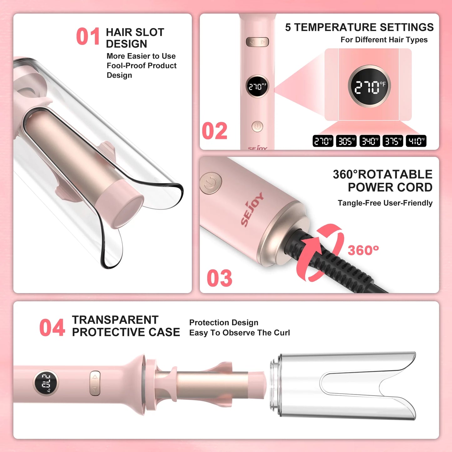 Automatic Curling Iron, Professional Anti-Tangle Auto Hair Curler with 1.0-Inch Large Rotating Barrel, 5 Temps & Timers & LED Display, Dual Voltage with Auto Shut-Off for Hair Styling,Pink
