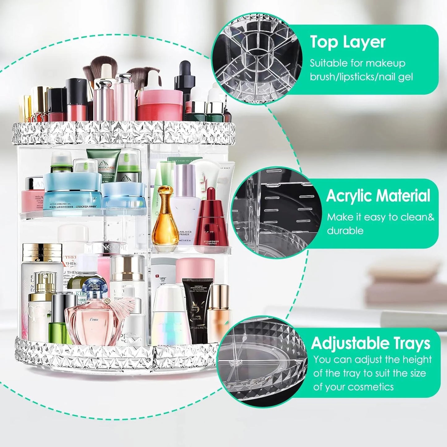 360 Rotating Makeup Organizer, Adjustable Storage Large Capacity Makeup Display Case Clear Acrylic Perfume Organizer Container for Cosmetic Brushes Lipsticks