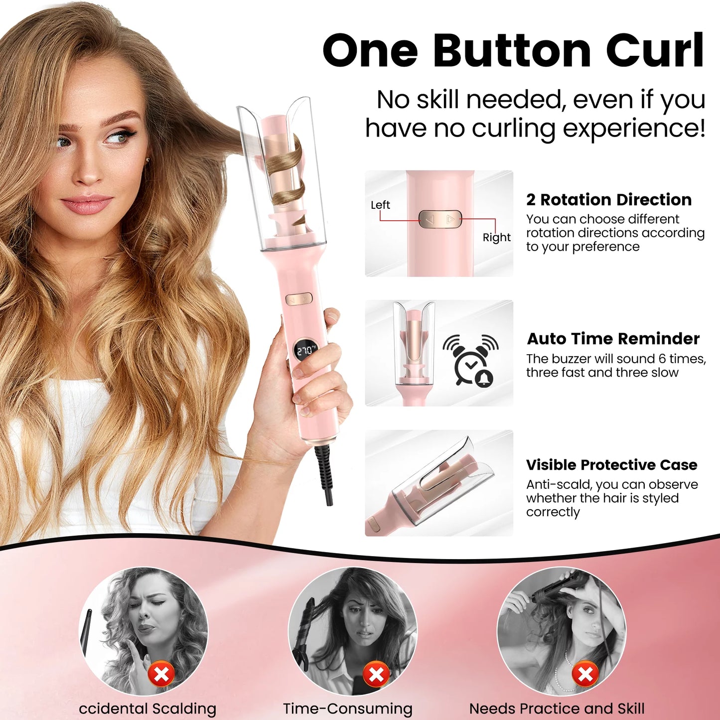 Automatic Curling Iron, Professional Anti-Tangle Auto Hair Curler with 1.0-Inch Large Rotating Barrel, 5 Temps & Timers & LED Display, Dual Voltage with Auto Shut-Off for Hair Styling,Pink
