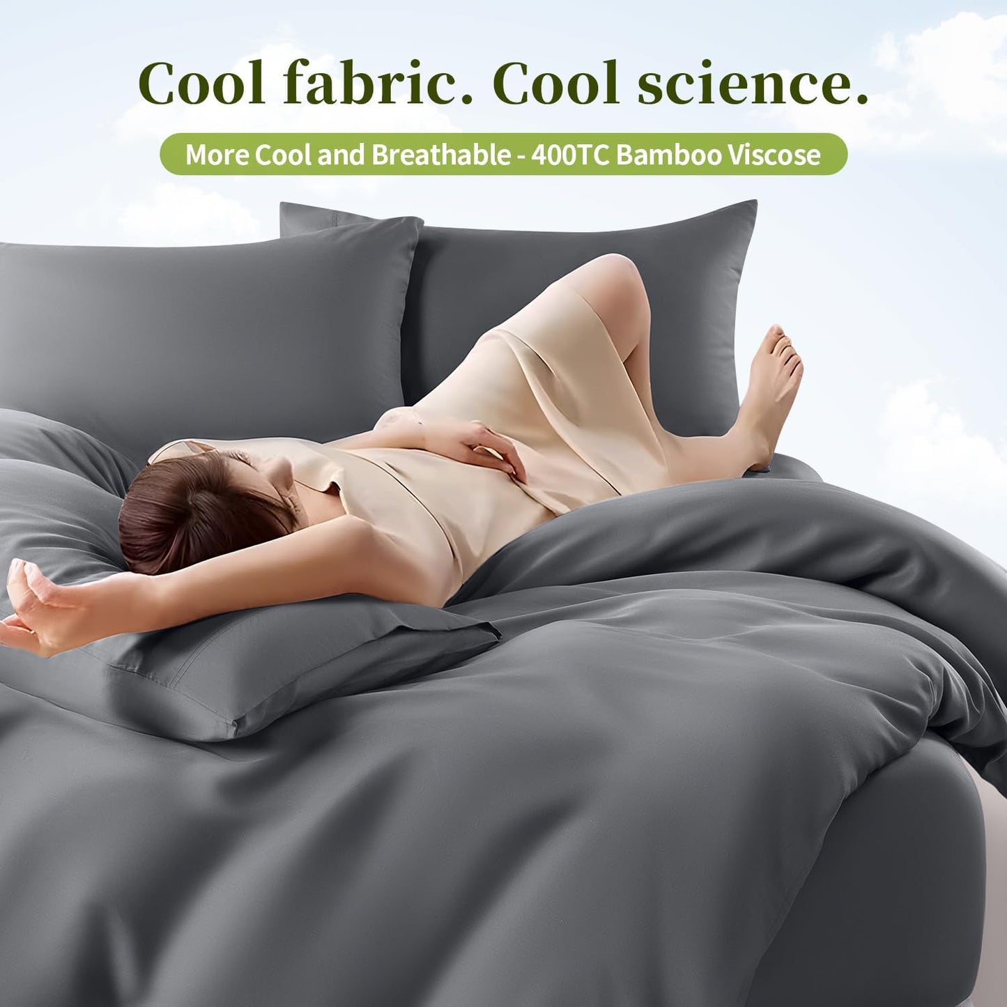 100% Viscose Derived from Bamboo_ Sheets Queen Size 4Pcs - Ultra Cooling & Silky Soft Bed Sheets, 16" Deep Pocket, Perfect for Hot Sleepers, Hotel Bedding Sheets (Dark Grey)