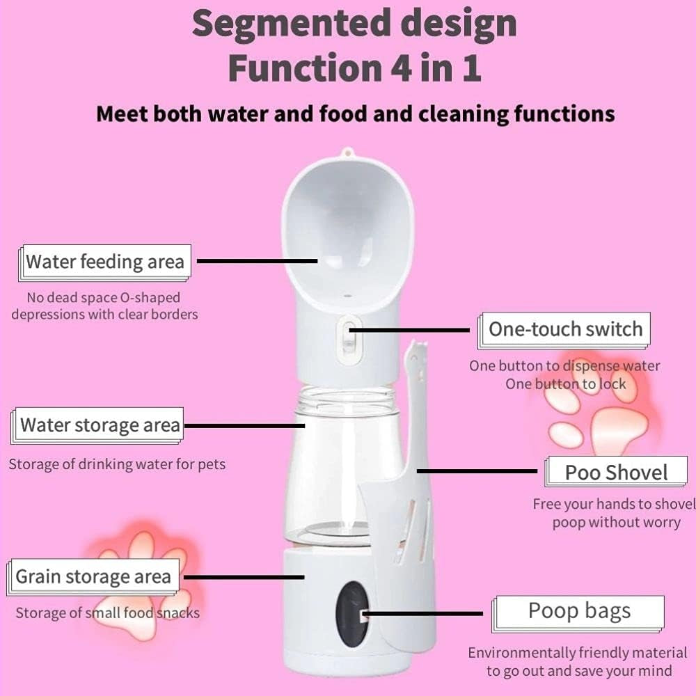 Portable Dog Water Bottle 4 in 1 Pet Portable Water Bottle,Leak-Proof Design,9 OZ Water Cup, 7.5 OZ Food Cup,Poop Shovel & Garbage Bag, Lightweight & Portable for Walking,Travel, Camping (Pink)