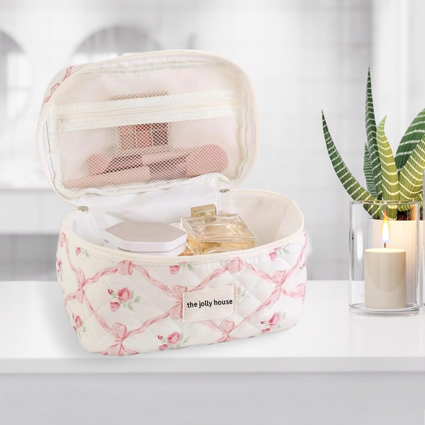 3PCS Cotton Quilted Floral Makeup Bag Set for Women Girls, Cute Make up Bags with Brush Pockets, Large Wide-Open Toiletry Pouch Gifts for Toiletries Accessories Travelling Essentials