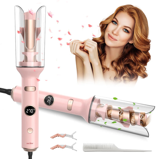 Automatic Curling Iron, Professional Anti-Tangle Auto Hair Curler with 1.0-Inch Large Rotating Barrel, 5 Temps & Timers & LED Display, Dual Voltage with Auto Shut-Off for Hair Styling,Pink