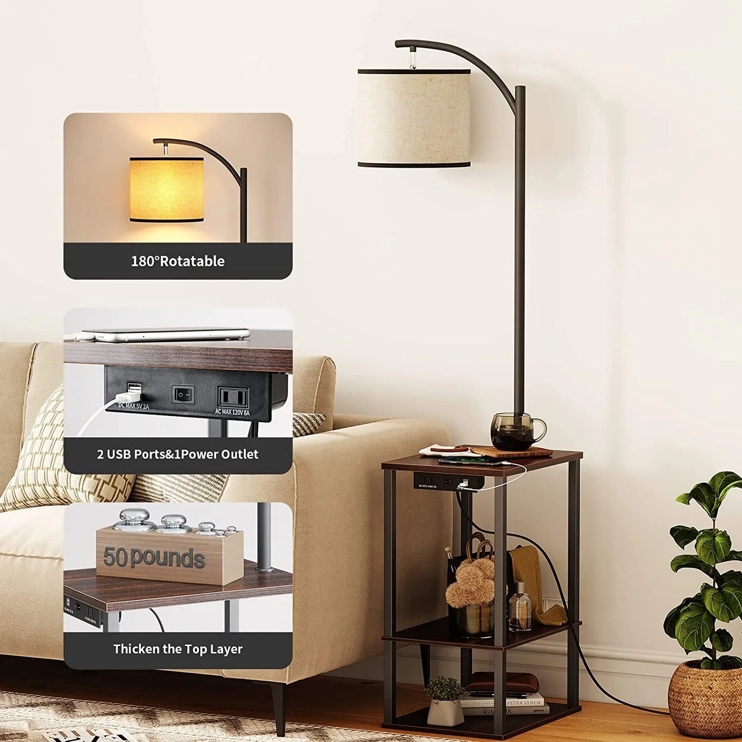 Floor Lamp with Table, End Table with Lamp for Living Room, Rustic End Table Lamp with Shelves, Walnut