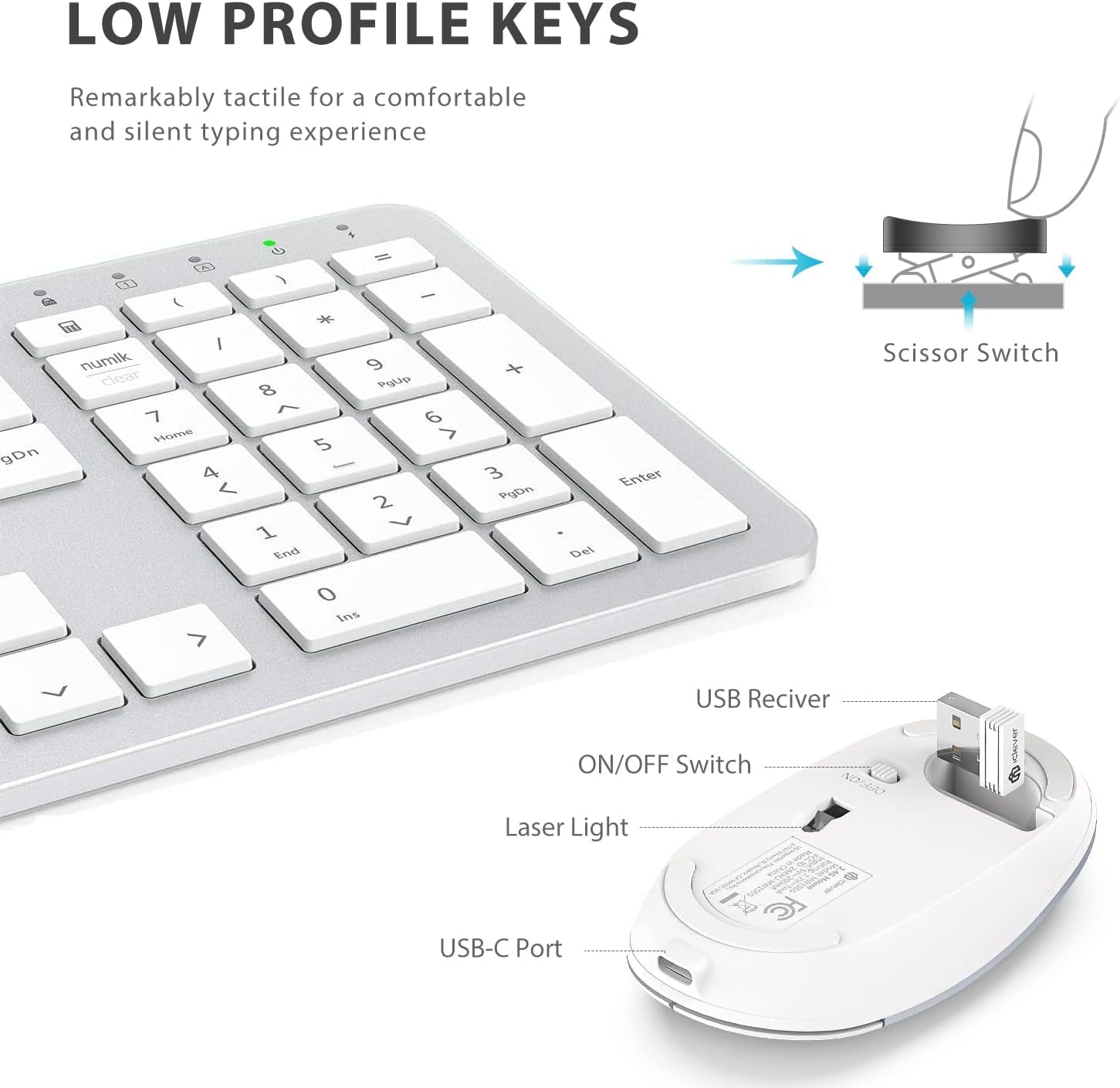 Wireless Keyboard and Mouse, GK08 White Keyboard Mouse Combo, Ergonomic, Quiet, Full Size Design with Number Pad, 2.4G Connection for Mac, Windows and Computer