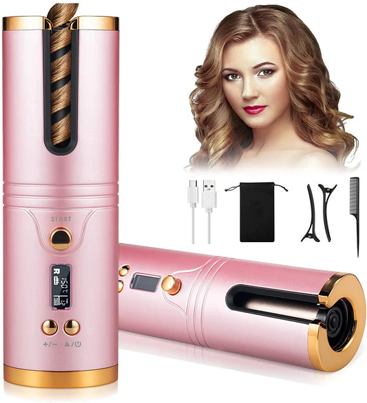 Cordless Curling Iron,Automatic Curling Iron, Curly Hair Iron,Portable Rechargeable Fast Heating Hair Curling Wand with 6 Temps, Timer Setting, LCD Display, Prevent Scalding, USB Charging