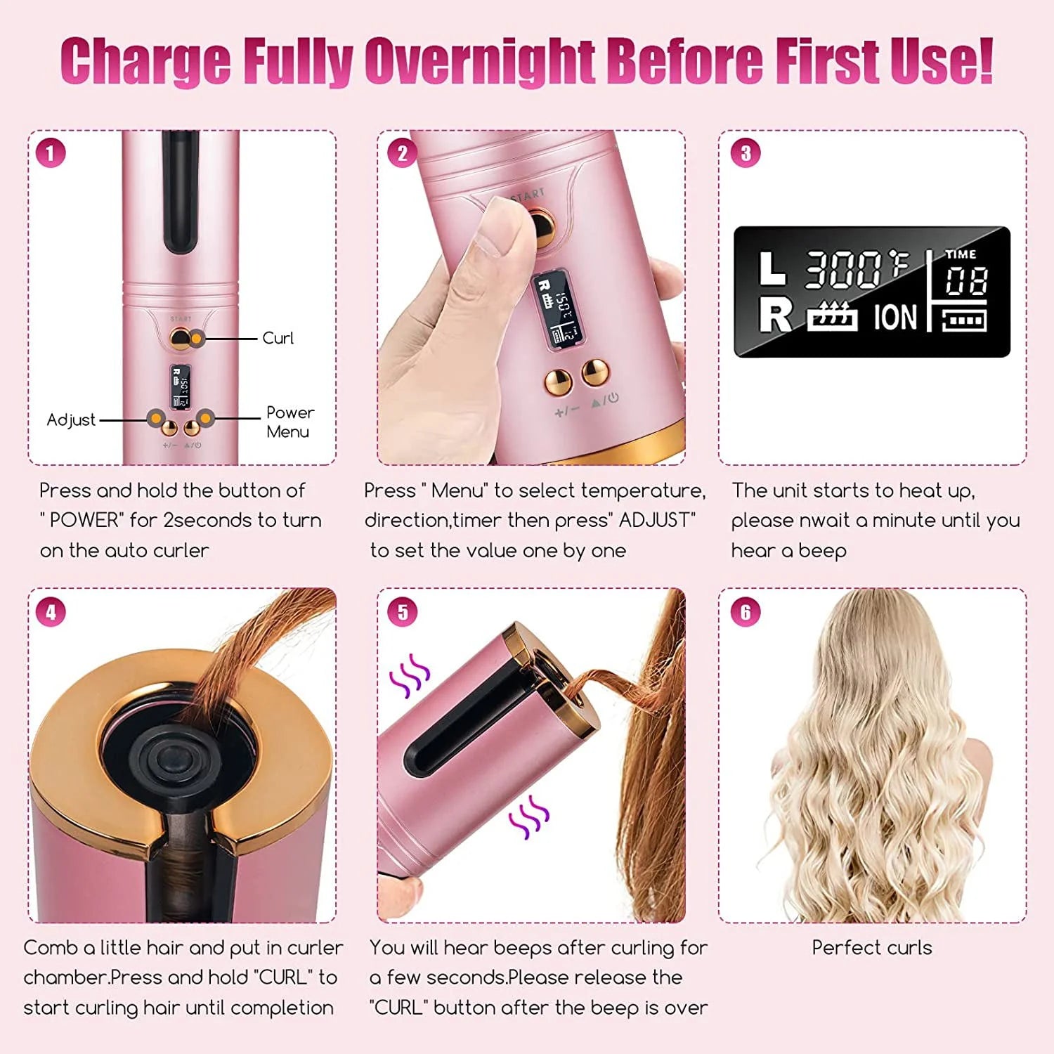 Cordless Curling Iron,Automatic Curling Iron, Curly Hair Iron,Portable Rechargeable Fast Heating Hair Curling Wand with 6 Temps, Timer Setting, LCD Display, Prevent Scalding, USB Charging