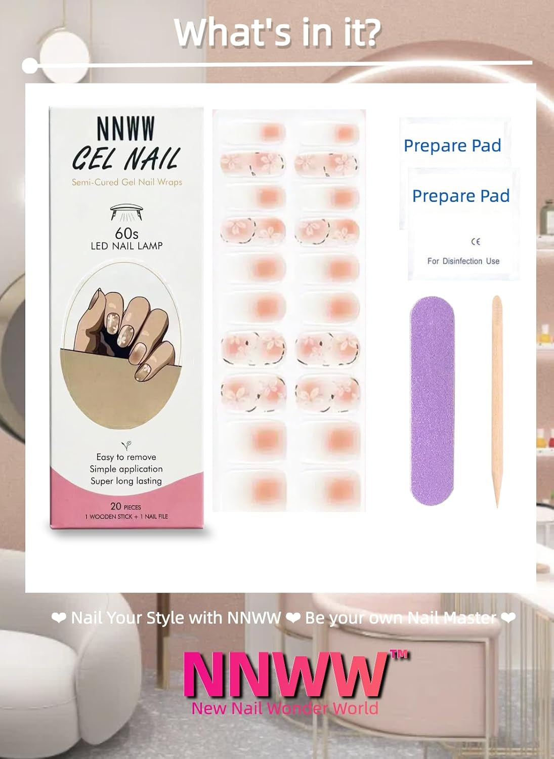 Semi Cured Gel Nail Strips, UV Nail Art Stickers, Gel Nail Wraps, Cherry Blossom, Pink, UV Curing Capability, 20Pcs