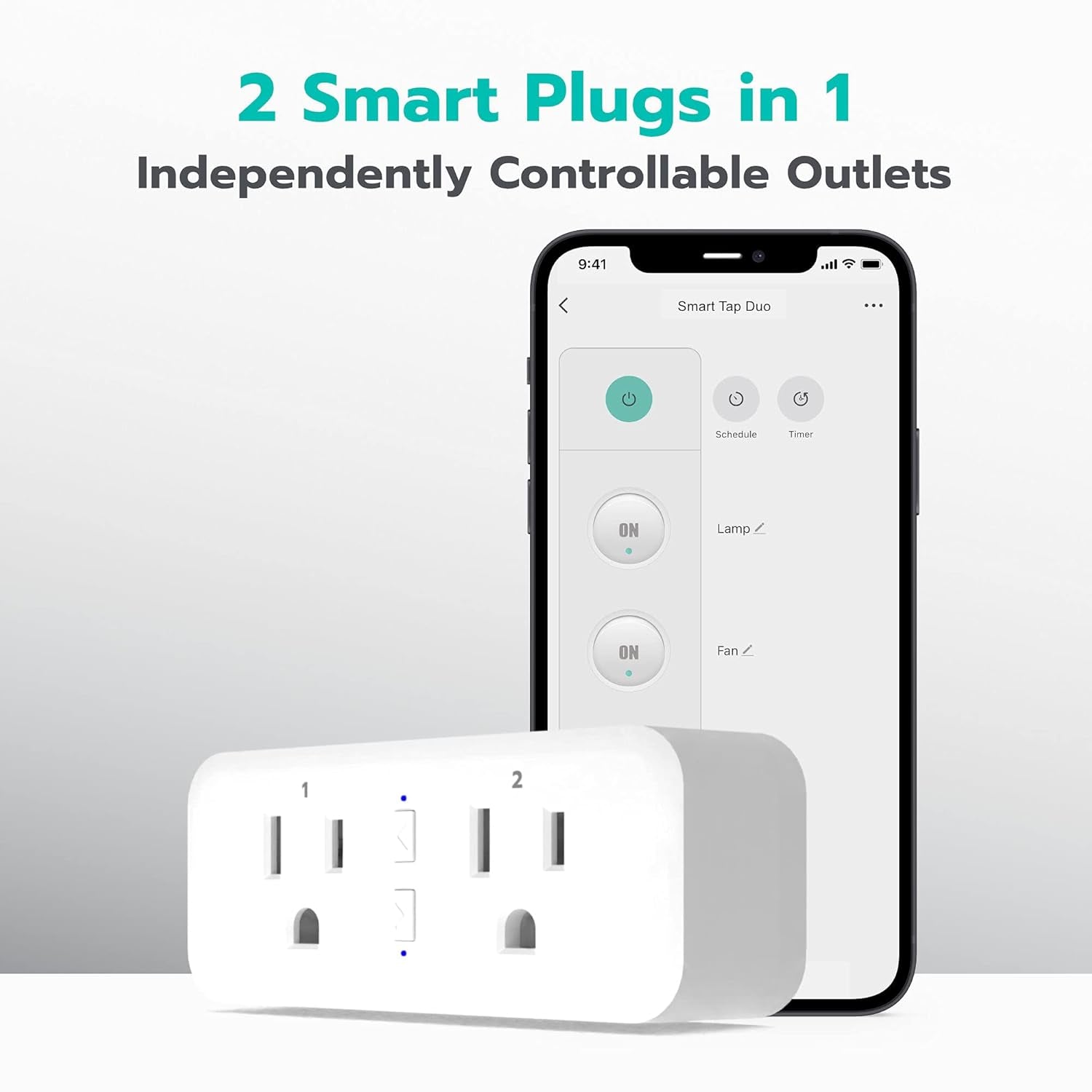 Smart Plug Duo, 2-Outlet Wi-Fi Smart Plug, 2-Pack, Multi Plug Adapter, Independently Controlled Smart Outlets, Works with Alexa & Google Assistant, No Hub Required
