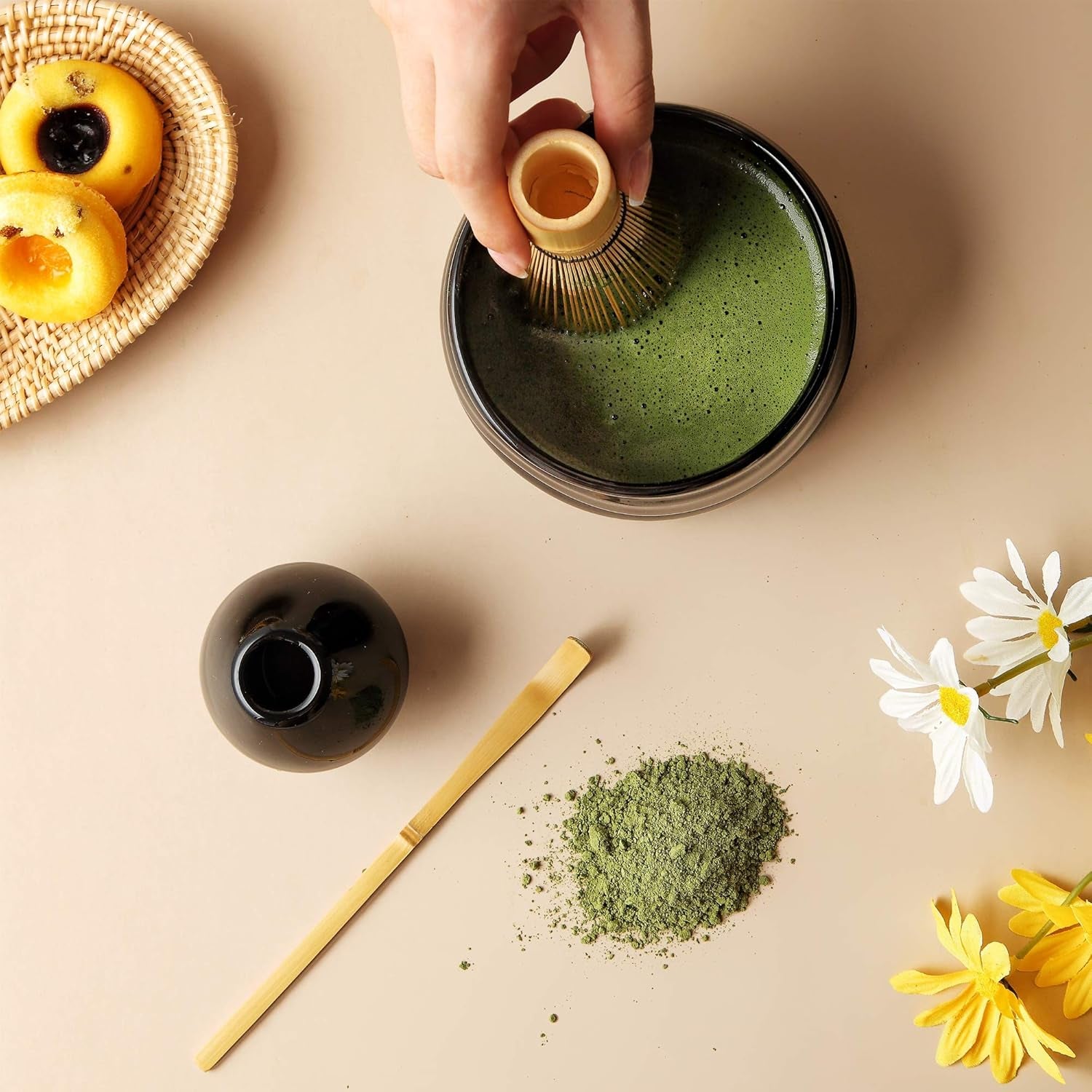 SRC Japanese Matcha Tea Set - Matcha Set with Matcha Whisk and Bowl | 5-Piece Matcha Kit with Bamboo Scoop & Matcha Whisk Holder | Matcha Tea Kit with Instructions inside Matcha Handbook (Black)