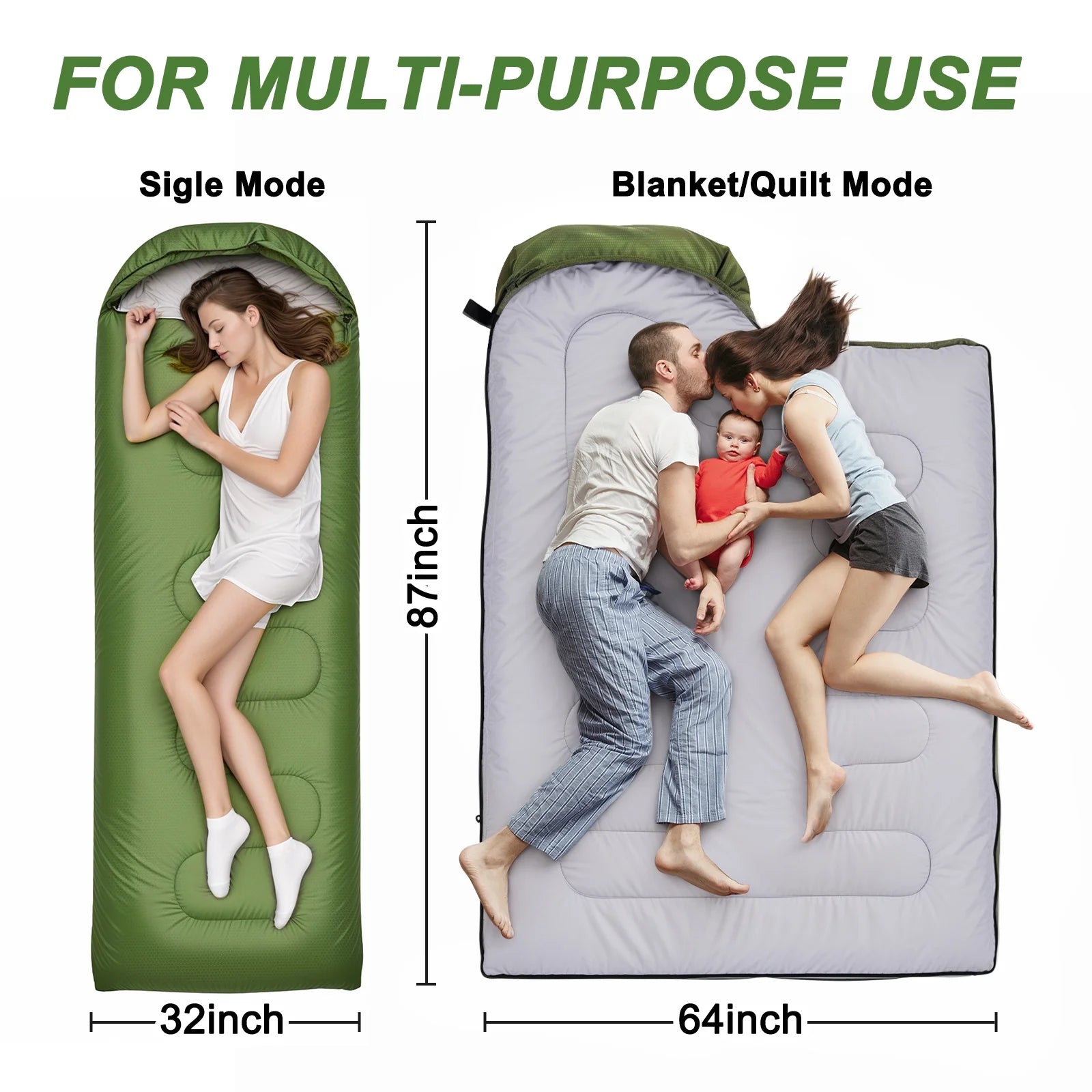 Sleeping Bag, Waterproof Portable Sleeping Bags for Adults with Compression Sack for All Season Camping, Hiking, Tent, Travel, Green