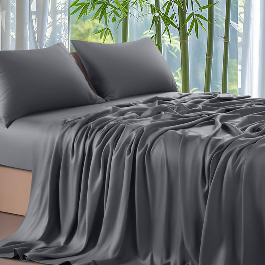 100% Viscose Derived from Bamboo_ Sheets Queen Size 4Pcs - Ultra Cooling & Silky Soft Bed Sheets, 16" Deep Pocket, Perfect for Hot Sleepers, Hotel Bedding Sheets (Dark Grey)