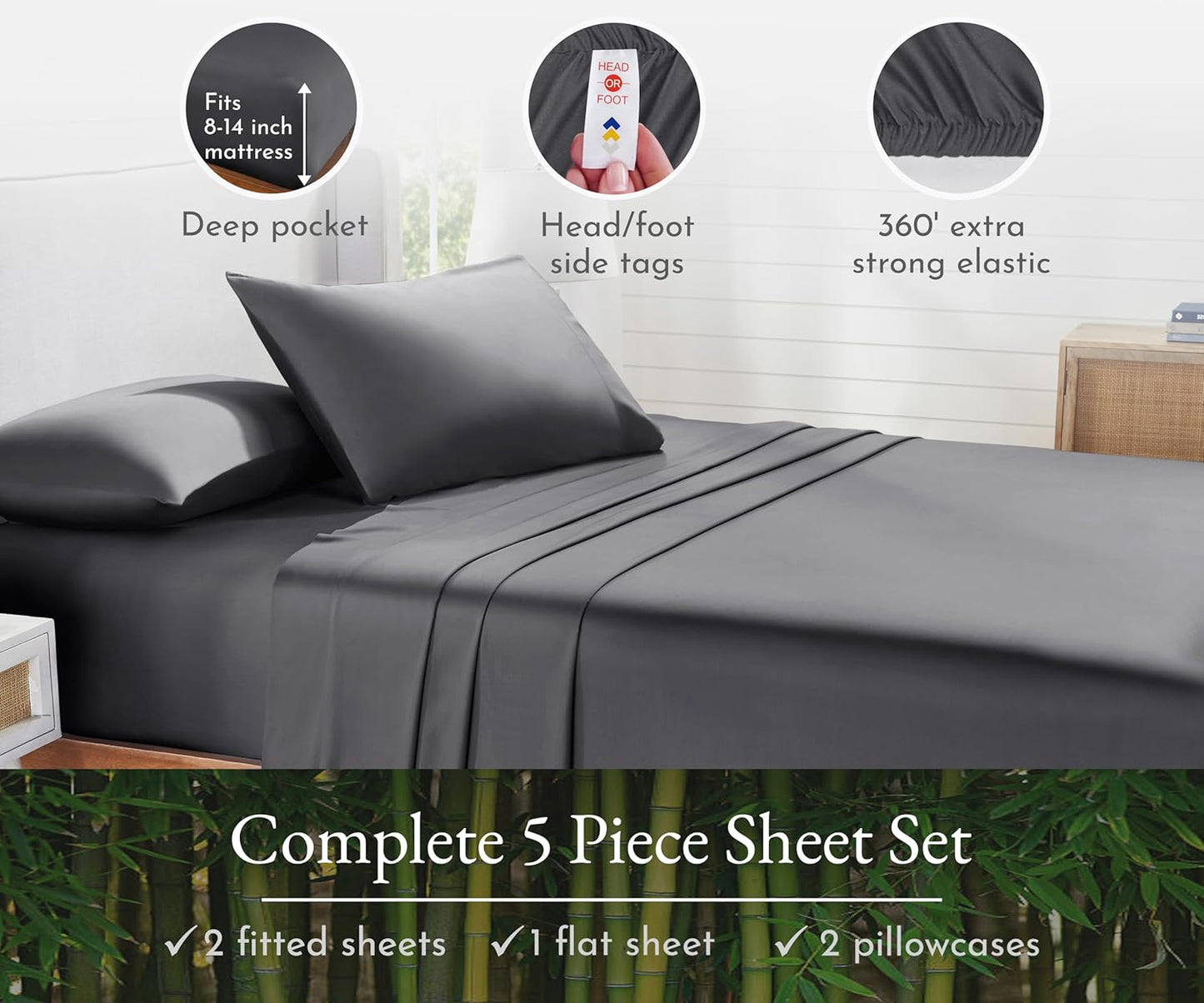 Rayon from Bamboo Sheets Split King Size Sheet Set for Adjustable Bed, Includes Twin Deep Pocket Fitted Sheets, Soft & Cooling Grey Sheets (Split King, Grey)