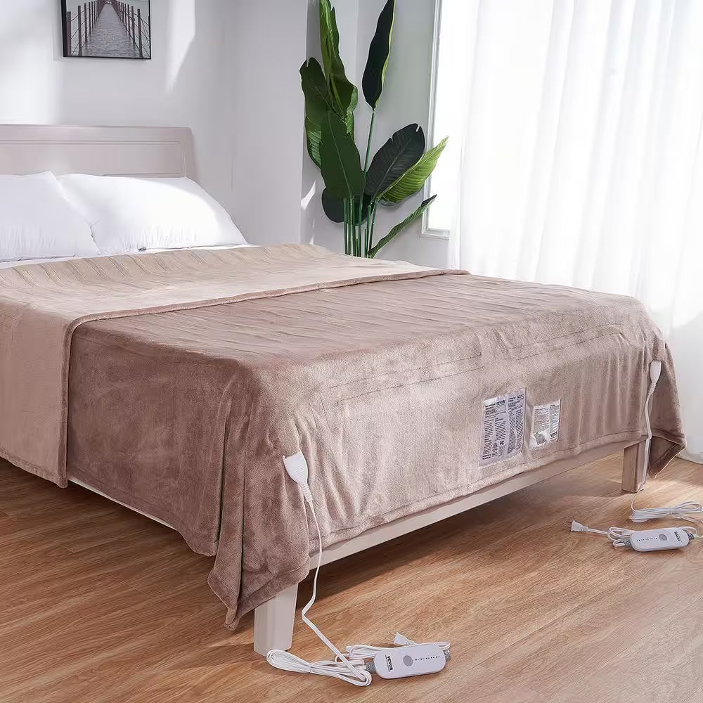 Heated Blanket Electric Throw 84 In. X 90 In. Queen Size Soft Flannel Heating Blanket Electric Blanket, Beige