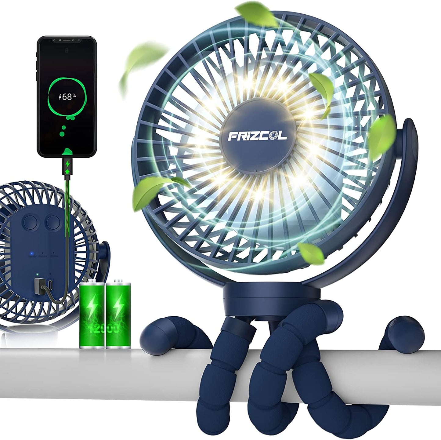 Portable Stroller Fan 60 Hours Small Fan Handheld with LED Lights, 12000Mah Quiet Battery Operated Fan with Tripod Legs, Mini Rechargeable USB Fan, Camping Fan for Treadmill Seat Travel Beach Tent