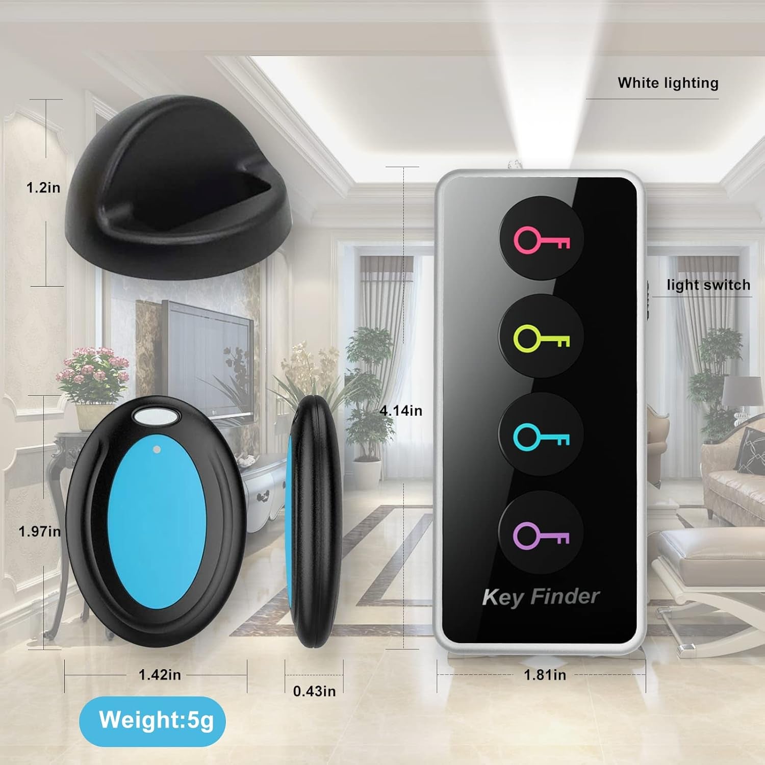 Wireless Key Finder with LED Light - Easy-To-Use Tracker for Seniors - Locate Keys, Phones, Wallets, and TV Remotes - Tracking Device Includes 4 Receivers and Remote Finder